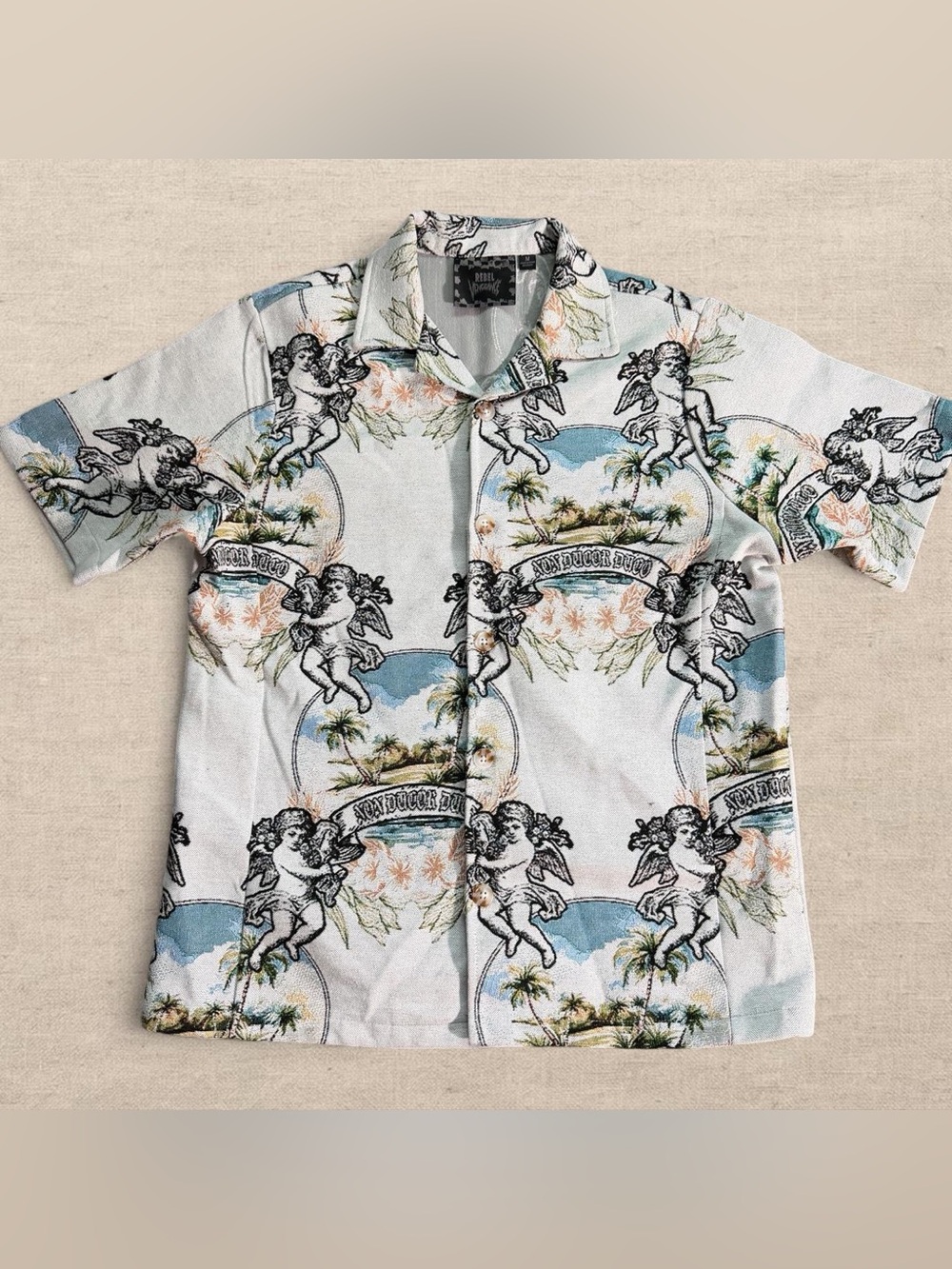 Rebel Vengeance Tapestry Button Down Shirt Mens Size M Cherub Angel
